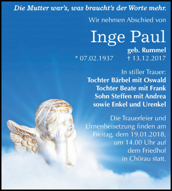 Traueranzeige von Inge Paul von WVG - Wochenspiegel Dessau / Köthen