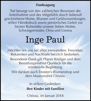 Traueranzeige von Inge Paul von WVG - Wochenspiegel Dessau / Köthen