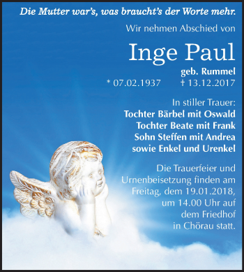 Traueranzeige von Inge Paul von Mitteldeutsche Zeitung Köthen