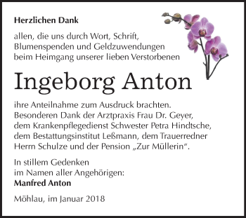Traueranzeige von Ingeborg Anton von Mitteldeutsche Zeitung