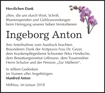 Traueranzeige von Ingeborg Anton von WVG - Wochenspiegel Wittenberg