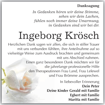 Traueranzeige von Ingeborg Krösch von Super Sonntag Merseburg