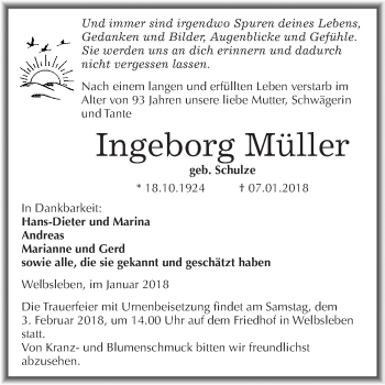 Traueranzeige von Ingeborg Müller von Super Sonntag SGH Mansf. Land
