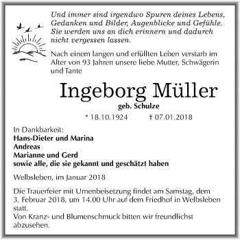 Traueranzeige von Ingeborg Müller von Mitteldeutsche Zeitung
