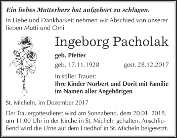 Traueranzeige von Ingeborg Pacholak von WVG - Wochenspiegel Merseburg