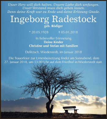 Traueranzeige von Ingeborg Radestock von Wochenspiegel Mansfelder Land