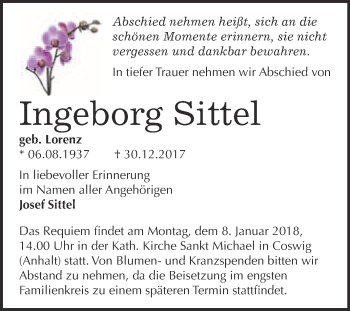 Traueranzeige von Ingeborg Sittel von Super Sonntag Wittenberg