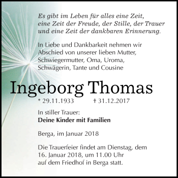 Traueranzeige von Ingeborg Thomas von Super Sonntag SGH Mansf. Land