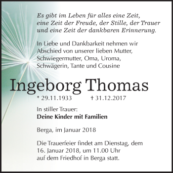 Traueranzeige von Ingeborg Thomas von Mitteldeutsche Zeitung