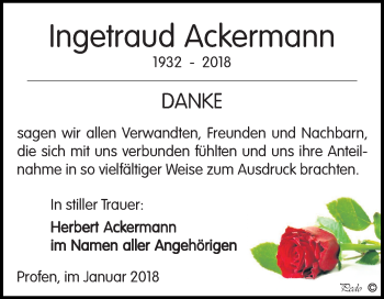 Traueranzeige von Ingetraud Ackermann von Mitteldeutsche Zeitung Zeitz