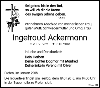 Traueranzeige von Ingetraud Ackermann von Mitteldeutsche Zeitung Zeitz