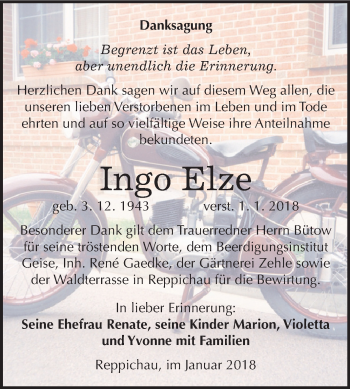 Traueranzeige von Ingo Elze von Mitteldeutsche Zeitung Köthen