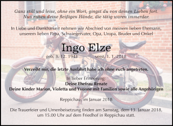 Traueranzeige von Ingo Elze von WVG - Wochenspiegel Dessau / Köthen