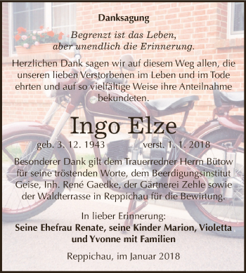 Traueranzeige von Ingo Elzee von WVG - Wochenspiegel Dessau / Köthen