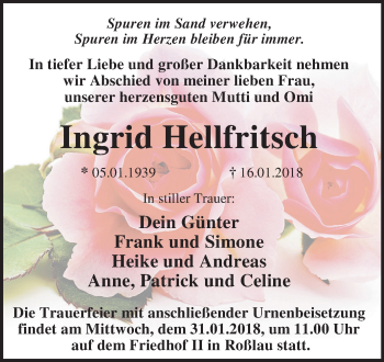 Traueranzeige von Ingrid Hellfritsch von Mitteldeutsche Zeitung Dessau-Roßlau