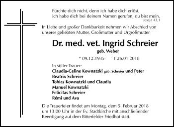 Traueranzeige von Ingrid Schreier von Mitteldeutsche Zeitung Bitterfeld