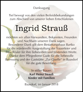 Traueranzeige von Ingrid Strauß von WVG - Wochenspiegel Dessau / Köthen