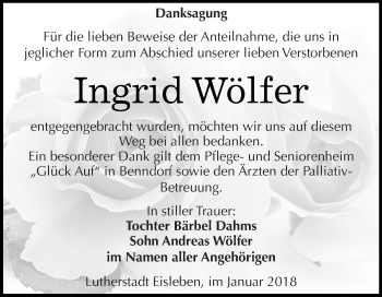 Traueranzeige von Ingrid Wölfer von Super Sonntag SGH Mansf. Land
