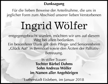 Traueranzeige von Ingrid Wölfer von Mitteldeutsche Zeitung