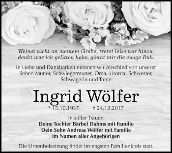 Traueranzeige von Ingrid Wölfer von Super Sonntag SGH Mansf. Land