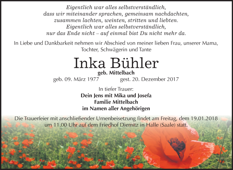  Traueranzeige für Inka Bühler vom 05.01.2018 aus Mitteldeutsche Zeitung Halle/Saalkreis