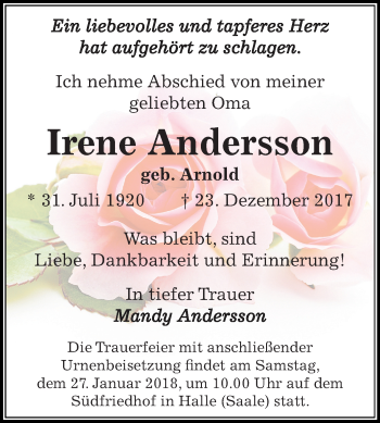 Traueranzeige von Irene Andersson von Mitteldeutsche Zeitung Halle/Saalkreis