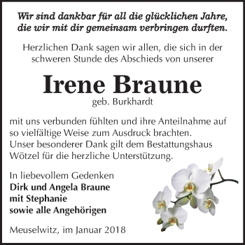 Traueranzeige von Irene Braune von Mitteldeutsche Zeitung Zeitz