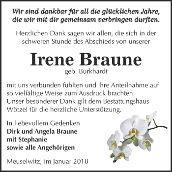 Traueranzeige von Irene Braune von Super Sonntag Zeitz