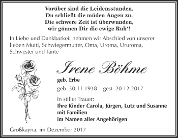 Traueranzeige von Irene Böhme von WVG - Wochenspiegel Merseburg