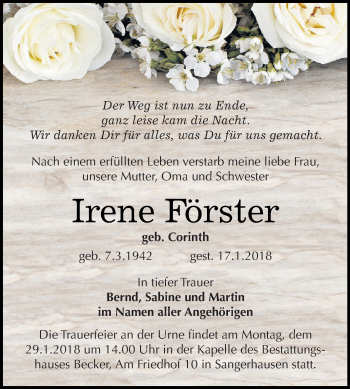 Traueranzeige von Irene Förster von WVG - Wochenspiegel SGH