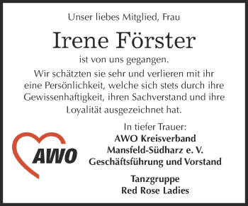 Traueranzeige von Irene Förster von Super Sonntag SGH Mansf. Land