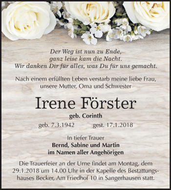 Traueranzeige von Irene Förster von Mitteldeutsche Zeitung Sangerhausen