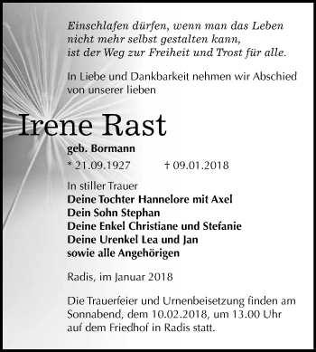 Traueranzeige von Irene Rast von WVG - Wochenspiegel Wittenberg