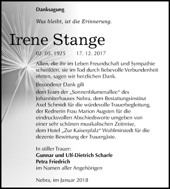 Traueranzeige von Irene Stange von Mitteldeutsche Zeitung