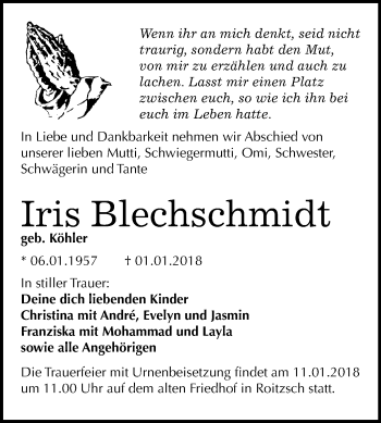 Traueranzeige von Iris Blechschmidt von Mitteldeutsche Zeitung Bitterfeld