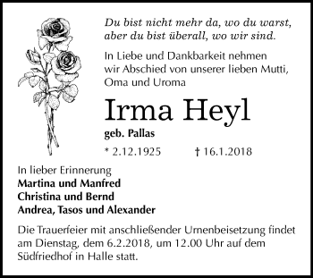 Traueranzeige von Irma Heyl von Mitteldeutsche Zeitung Halle/Saalkreis
