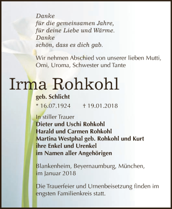 Traueranzeige von Irma Rohkohl von Super Sonntag SGH Mansf. Land