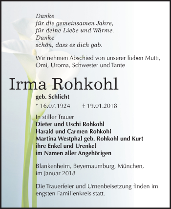 Traueranzeige von Irma Rohkohl von Mitteldeutsche Zeitung Sangerhausen