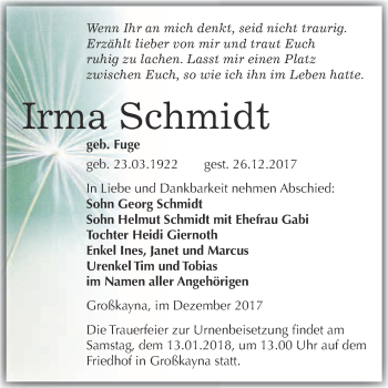 Traueranzeige von Irma Schmidt von WVG - Wochenspiegel Merseburg