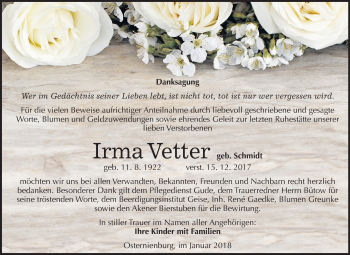 Traueranzeige von Irma Vetter von Mitteldeutsche Zeitung Köthen