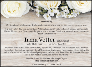 Traueranzeige von Irma Vetter von WVG - Wochenspiegel Dessau / Köthen