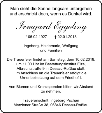 Traueranzeige von Irmgard Eggeling von Mitteldeutsche Zeitung Dessau-Roßlau