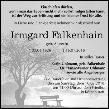Traueranzeige von Irmgard Falkenhain von Mitteldeutsche Zeitung Köthen