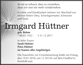 Traueranzeige von Irmgard Hüttner von Super Sonntag SGH Mansf. Land