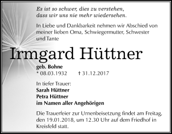 Traueranzeige von Irmgard Hüttner von Mitteldeutsche Zeitung