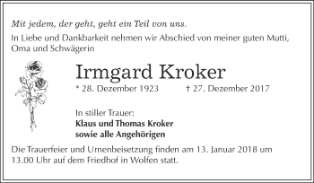 Traueranzeige von Irmgard Kroker von WVG - Wochenspiegel Bitterfeld