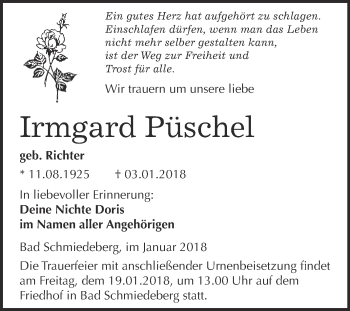 Traueranzeige von Irmgard Püschel von WVG - Wochenspiegel Wittenberg