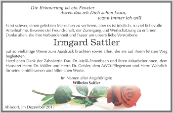 Traueranzeige von Irmgard Sattler von Wochenspiegel Mansfelder Land
