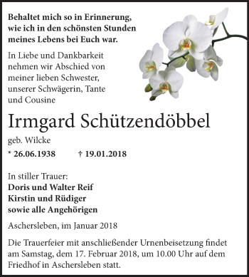 Traueranzeige von Irmgard Schützendöbbel von Mitteldeutsche Zeitung Aschersleben