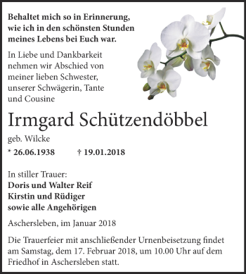 Traueranzeige von Irmgard Schützendöbbel von Super Sonntag Aschersleben